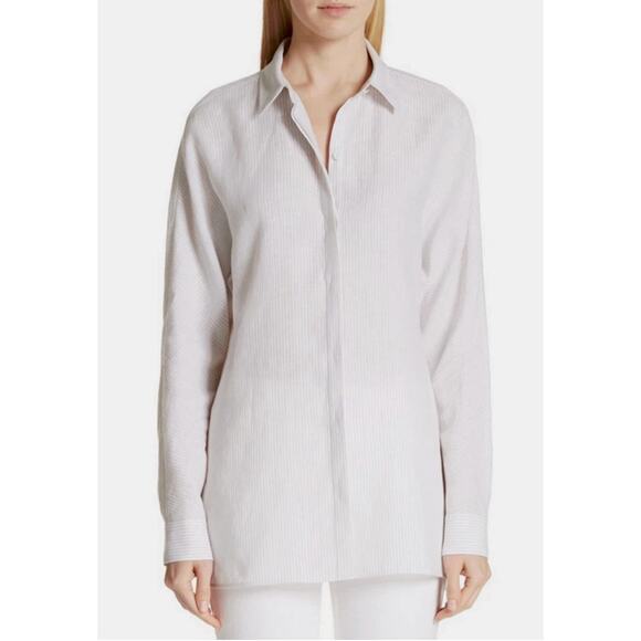 Lafayette 148 NY Alyssa Linen Pinstripe Blouse Baby Pink Large NWT - Picture 2 of 10